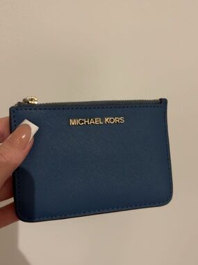 Michael Kors Blue Zip Card Holder with Gold Hardware